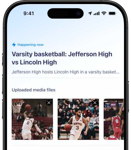 Mobile screen showing live update of varsity basketball game between Jefferson High and Lincoln High with thumbnail images of players in action.